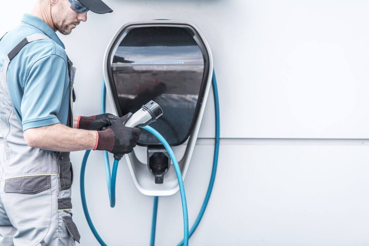 Pracownik wykonuje serwis stacji ładowania samochodów elektrycznych.