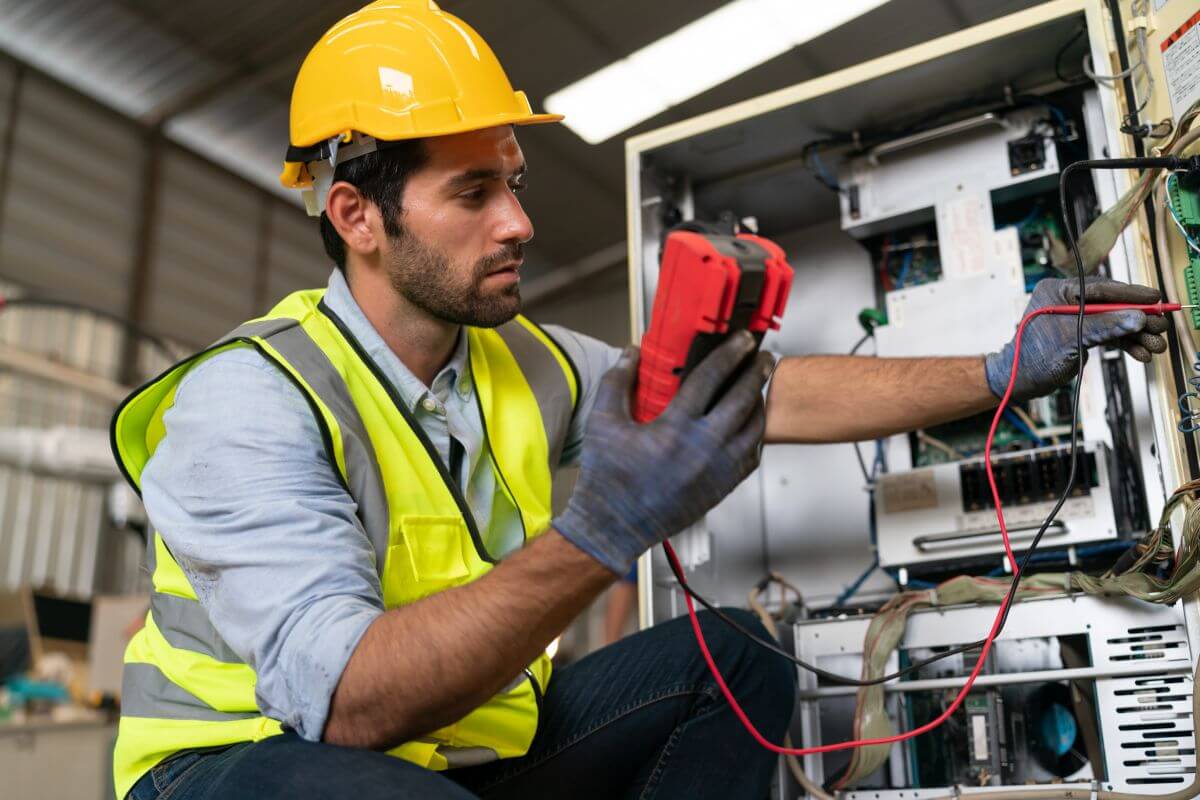 Pracownik w kasku wykonuje serwis stacji ładowania samochodów elektrycznych.