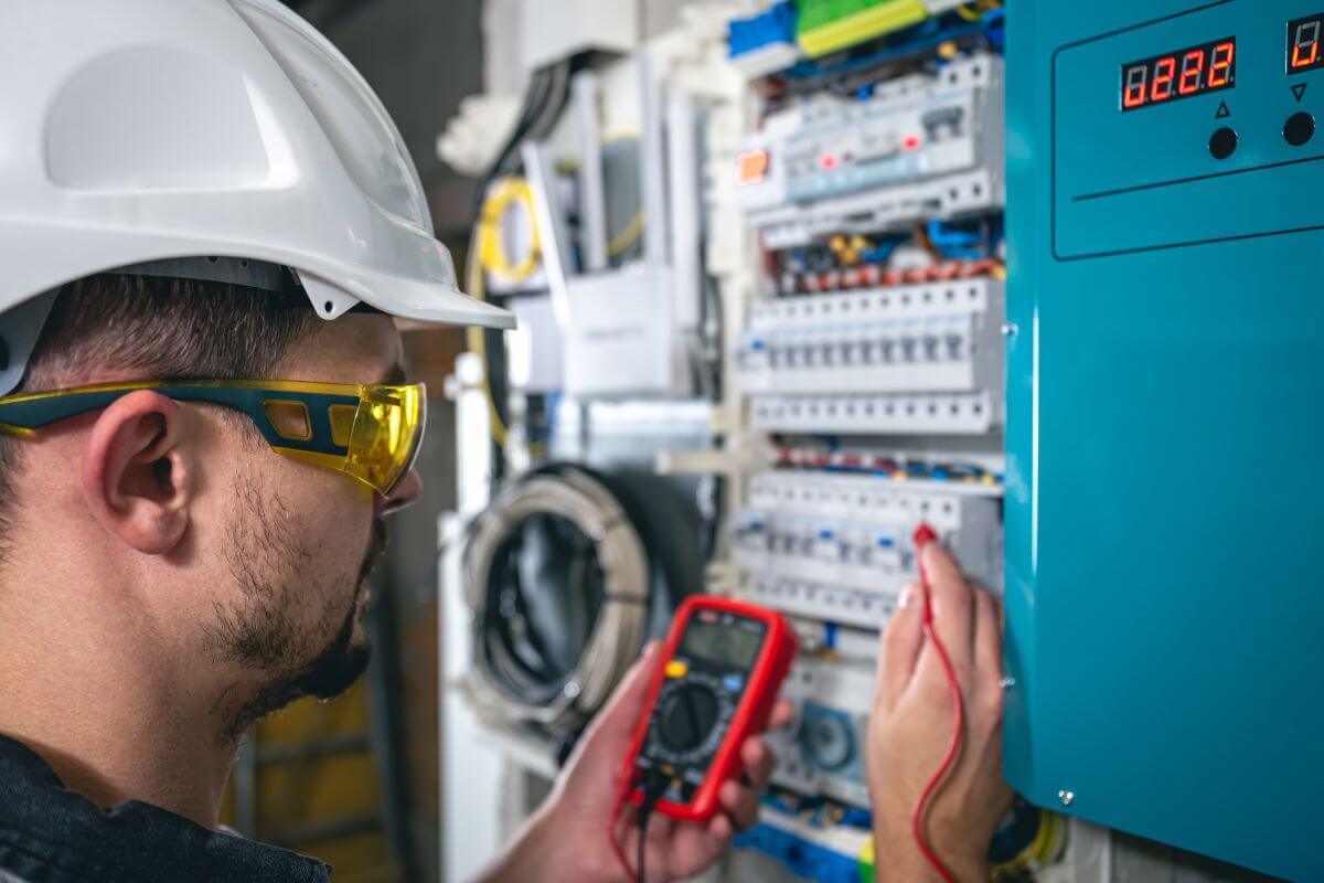 Inżynier sprawdza panel elektryczny podczas naprawy stacji ładowania samochodów elektrycznych.