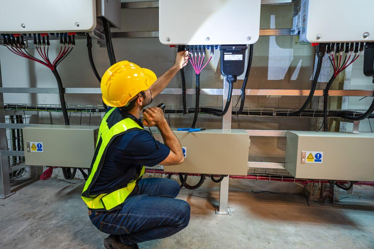 Pracownik w kasku i kamizelce wykonuje naprawę stacji ładowania samochodów elektrycznych.