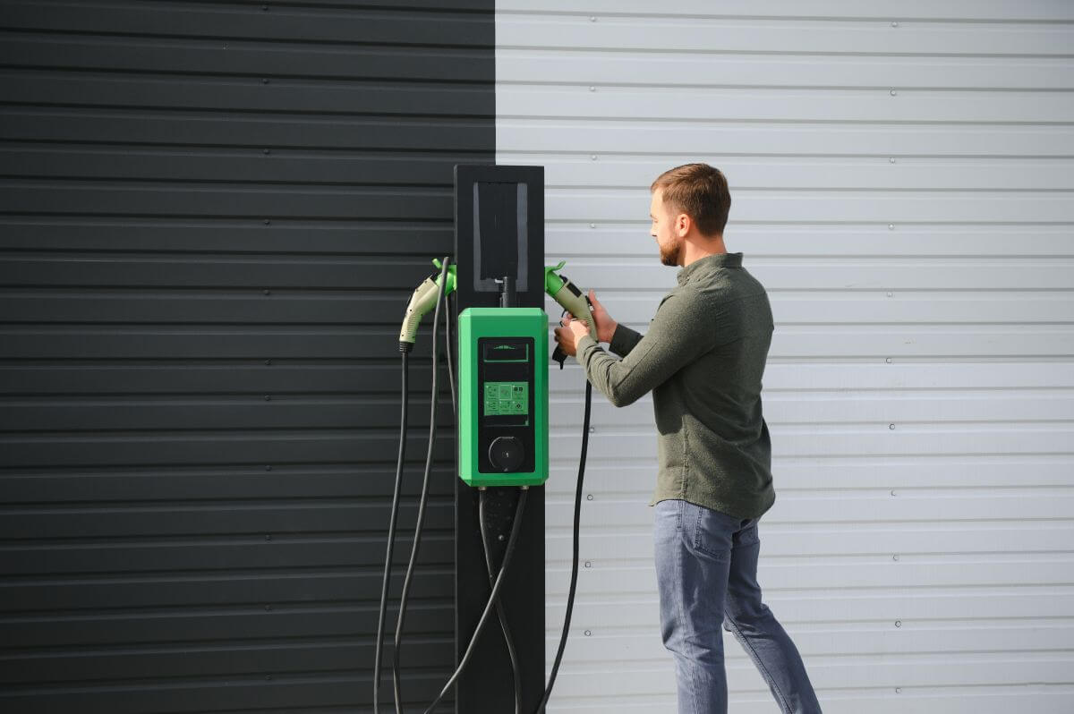 Mężczyzna dokonuje montażu stacji ładowania samochodów elektrycznych na tle ściany o dwóch kolorach.
